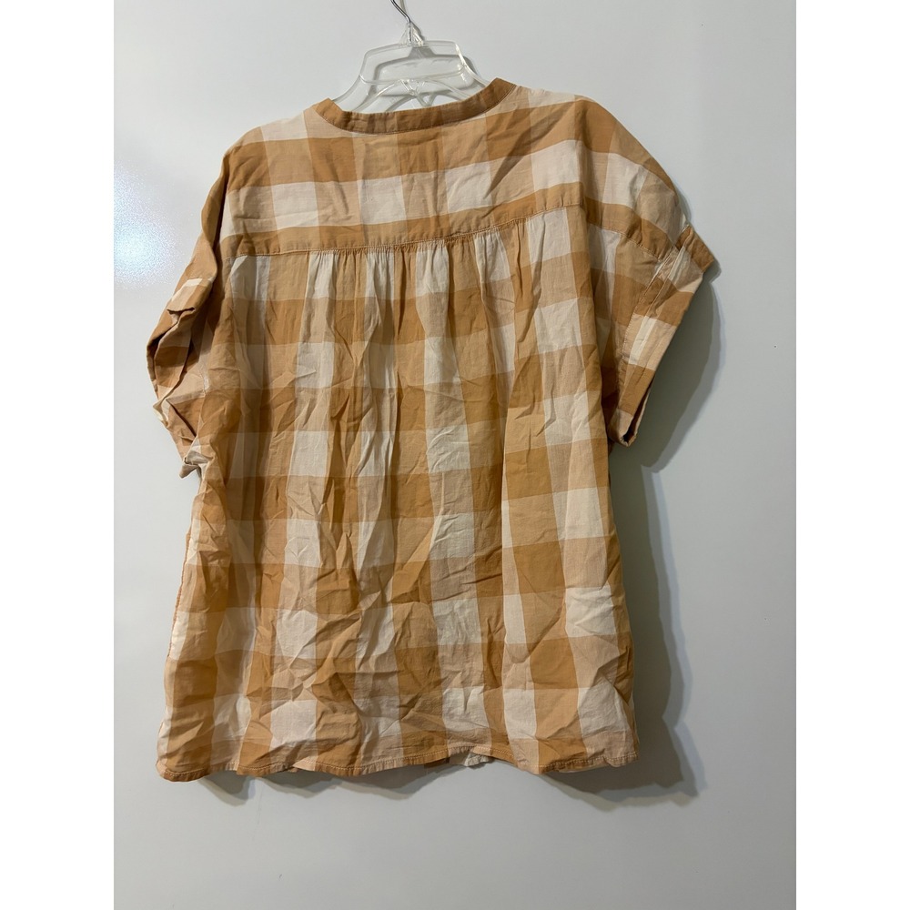 Gap Womens LG Tall Tan White Gingham Plaid Band Collar Button Down Blouse Top - Picture 2 of 3
